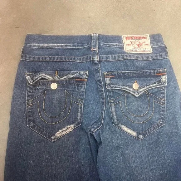 Vintage true religion men's blue jeans flare baggy thick stitch button flap‎